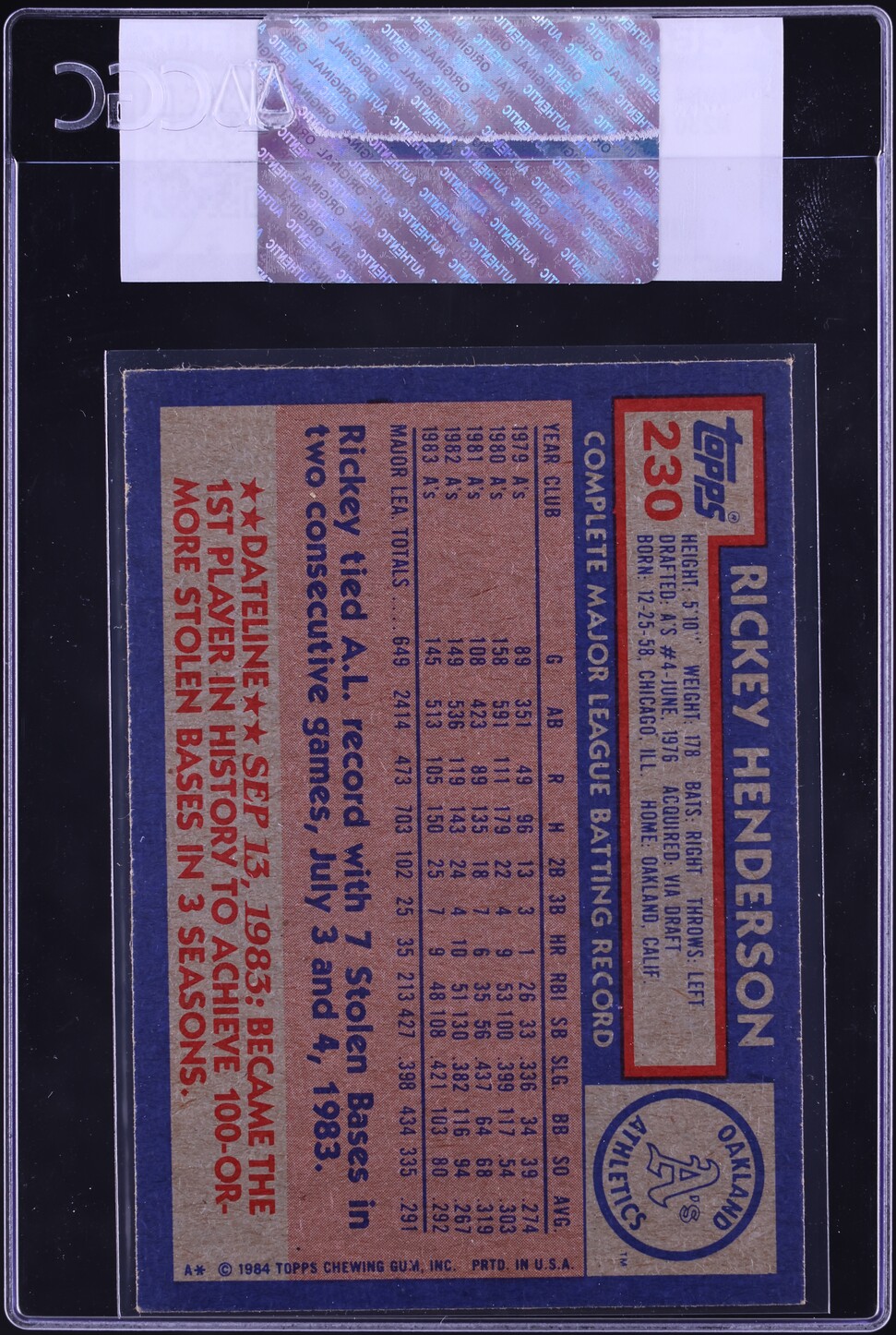 1984 Topps Rickey Henderson #230 CGC AUTH