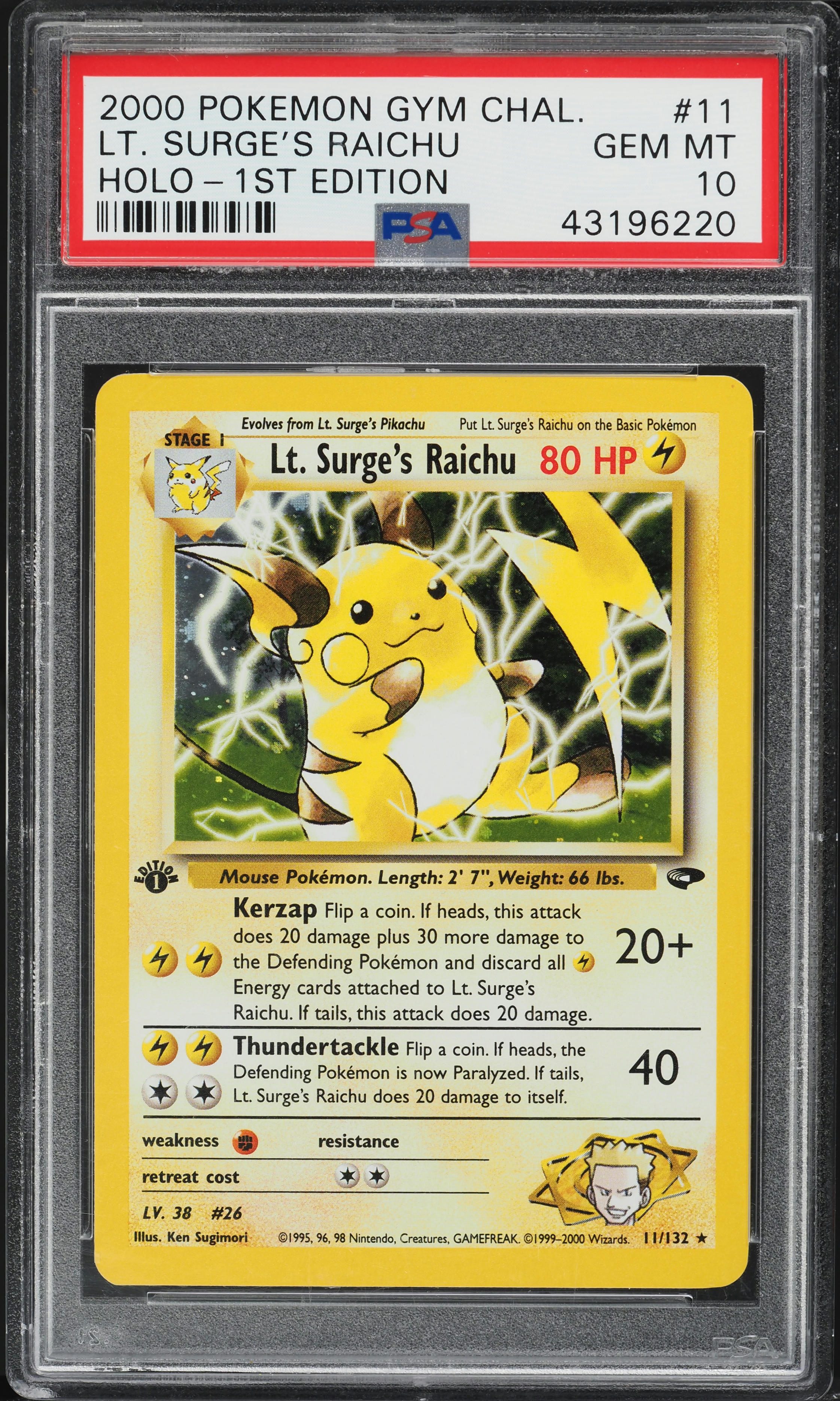 2000 Pokemon Gym Challenge 1st Edition Holo Lt. Surge's Raichu #11 PSA 10 GEM