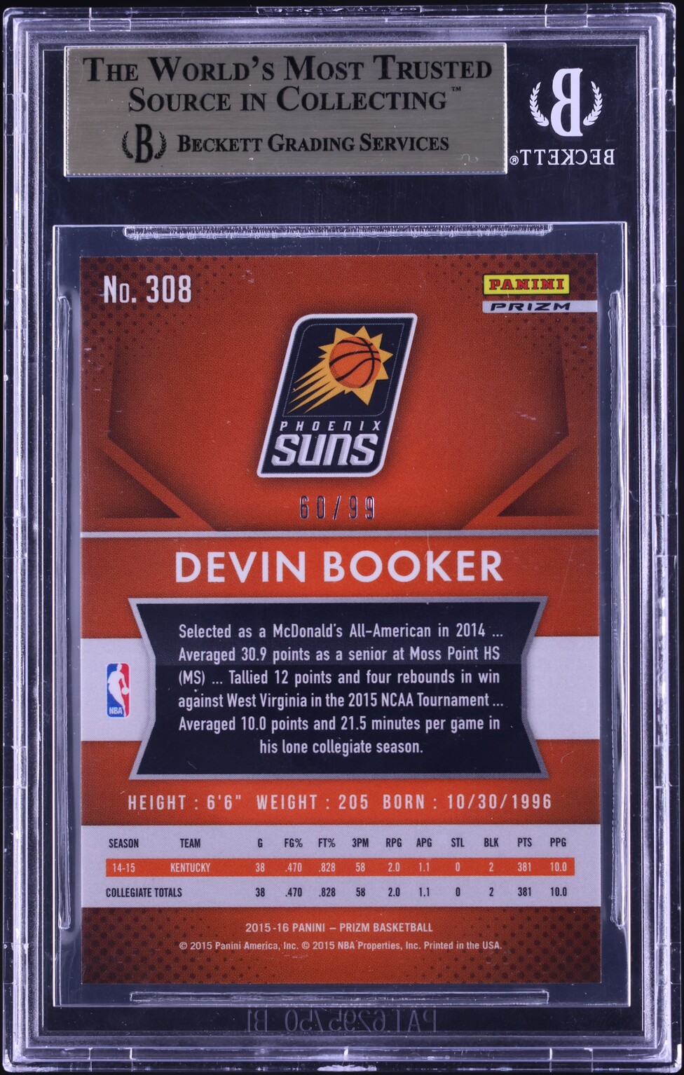 2015 Panini Prizm Purple Devin Booker ROOKIE /99 #308 BGS 9.5 GEM MINT