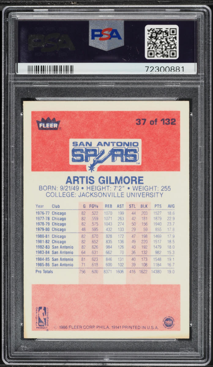 1986 Fleer Basketball Artis Gilmore #37 PSA 7 NRMT
