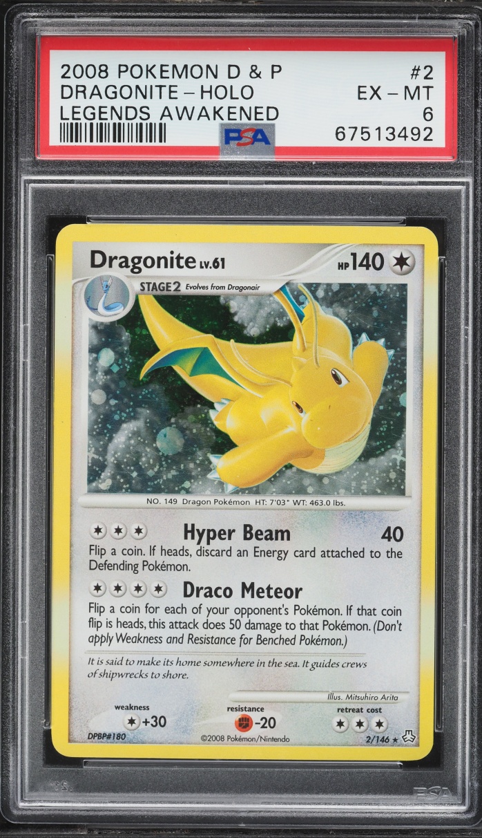 2008 Pokemon Diamond & Pearl Legends Awakened Holo Dragonite #2 PSA 6 EXMT