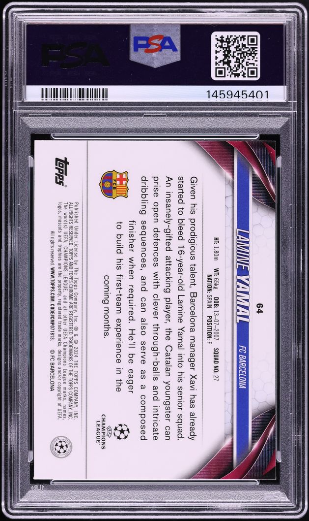 2023 Topps Chrome UEFA CC Aqua Prism Refractor Lamine Yamal ROOKIE #64 PSA 9 MINT