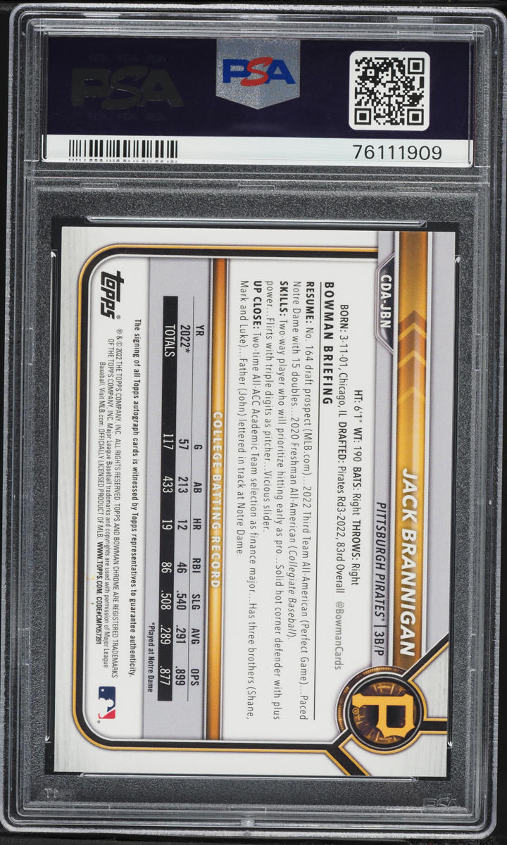 2022 Bowman Chrome Draft Red Lava Refractor Jack Brannigan PROSPECT AUTO 5/5 #CDAJBN PSA 10 GEM