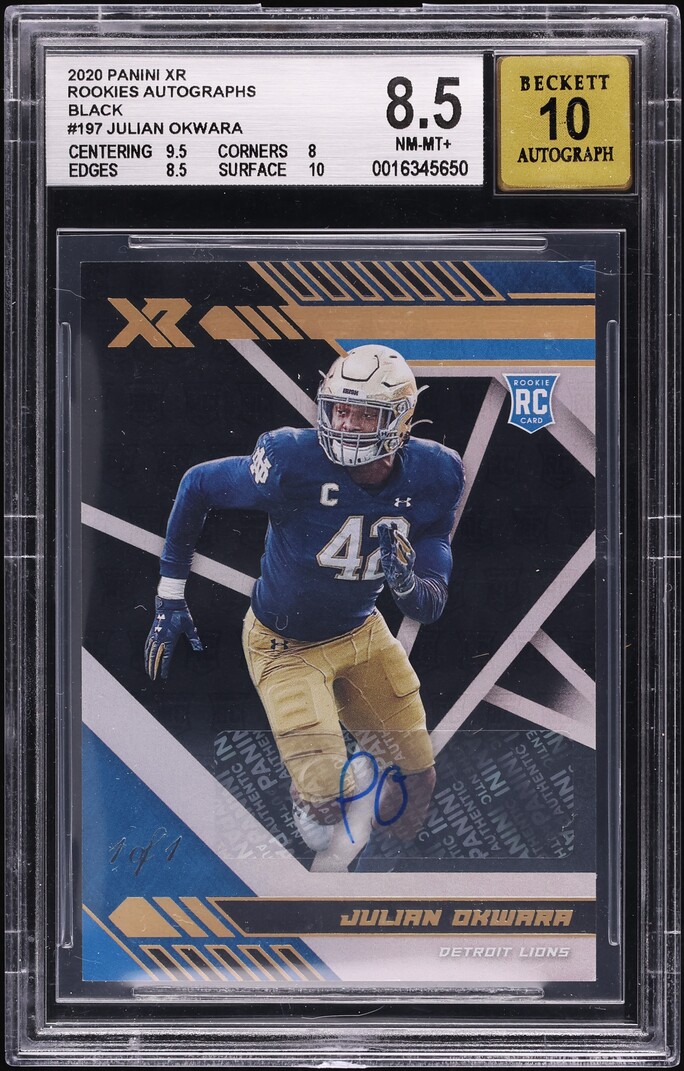 2020 Panini XR Black Julian Okwara ROOKIE AUTO 1/1 #197 BGS 8.5 NM-MT+