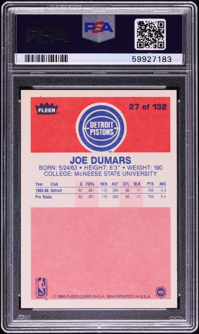 1986 Fleer Basketball Joe Dumars ROOKIE #27 PSA 10 GEM MINT