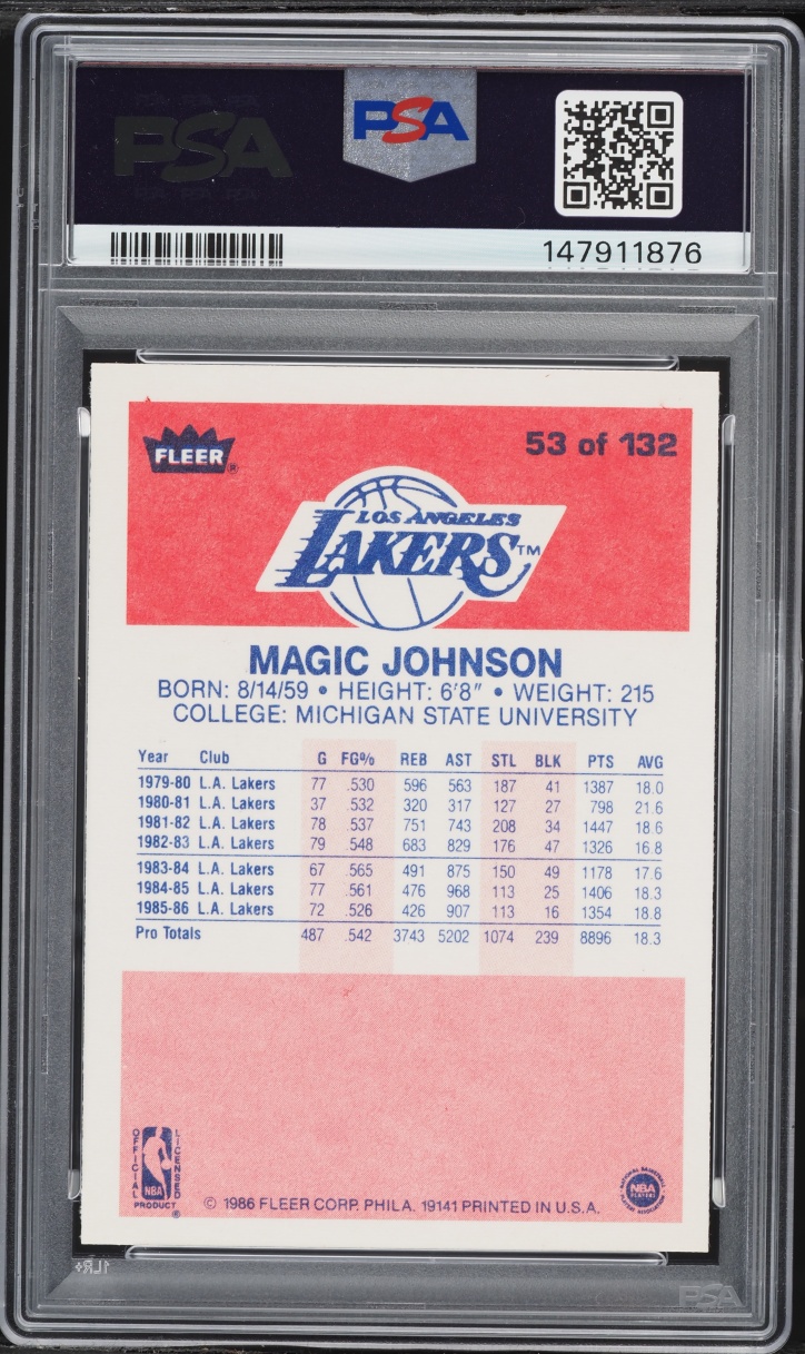 1986 Fleer Basketball Magic Johnson #53 PSA 8 NM-MT