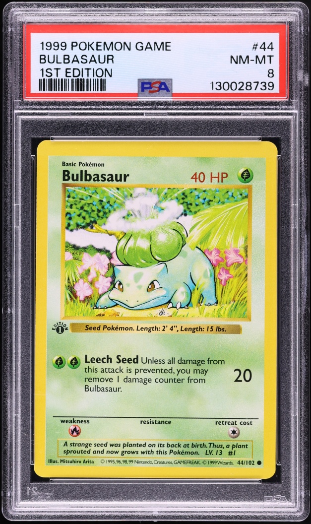 1999 Pokemon Base Set Shadowless 1st Edition Bulbasaur #44 PSA 8 NM-MT