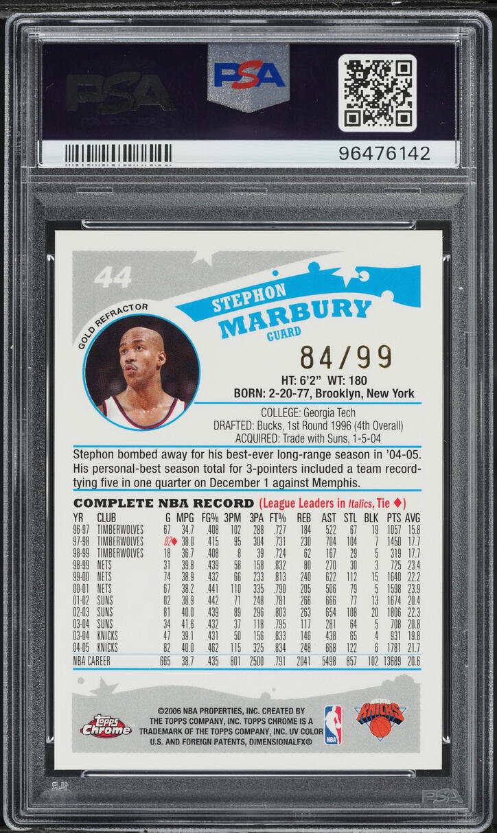 2005 Topps Chrome Gold Refractor Stephon Marbury /99 #44 PSA 9 MINT