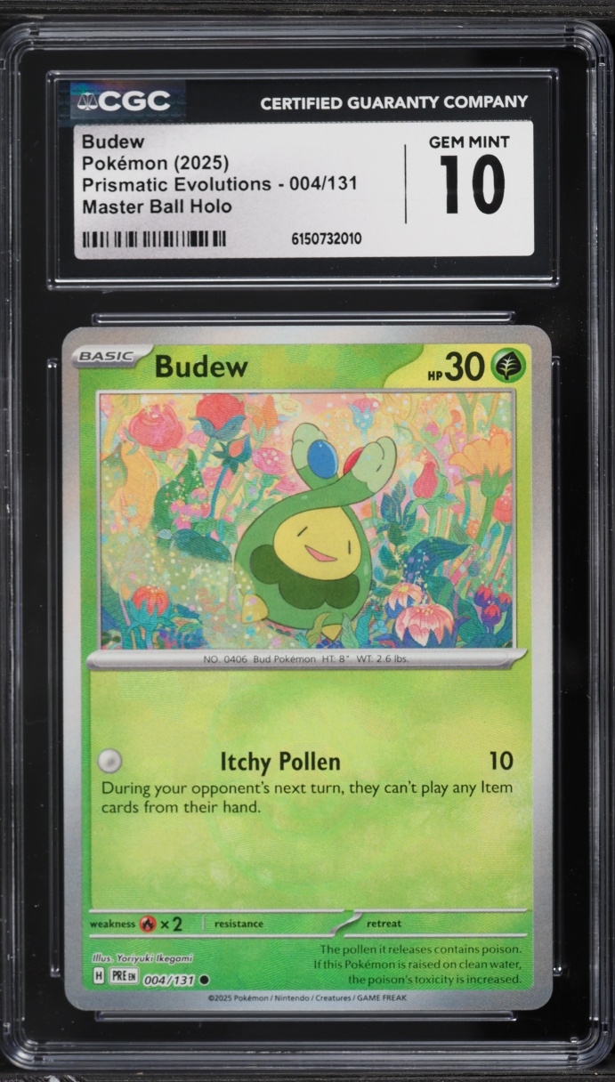 2025 Pokemon Scarlet & Violet Prismatic Evolutions Master Ball Holo Budew #4 CGC 10 GEM MINT