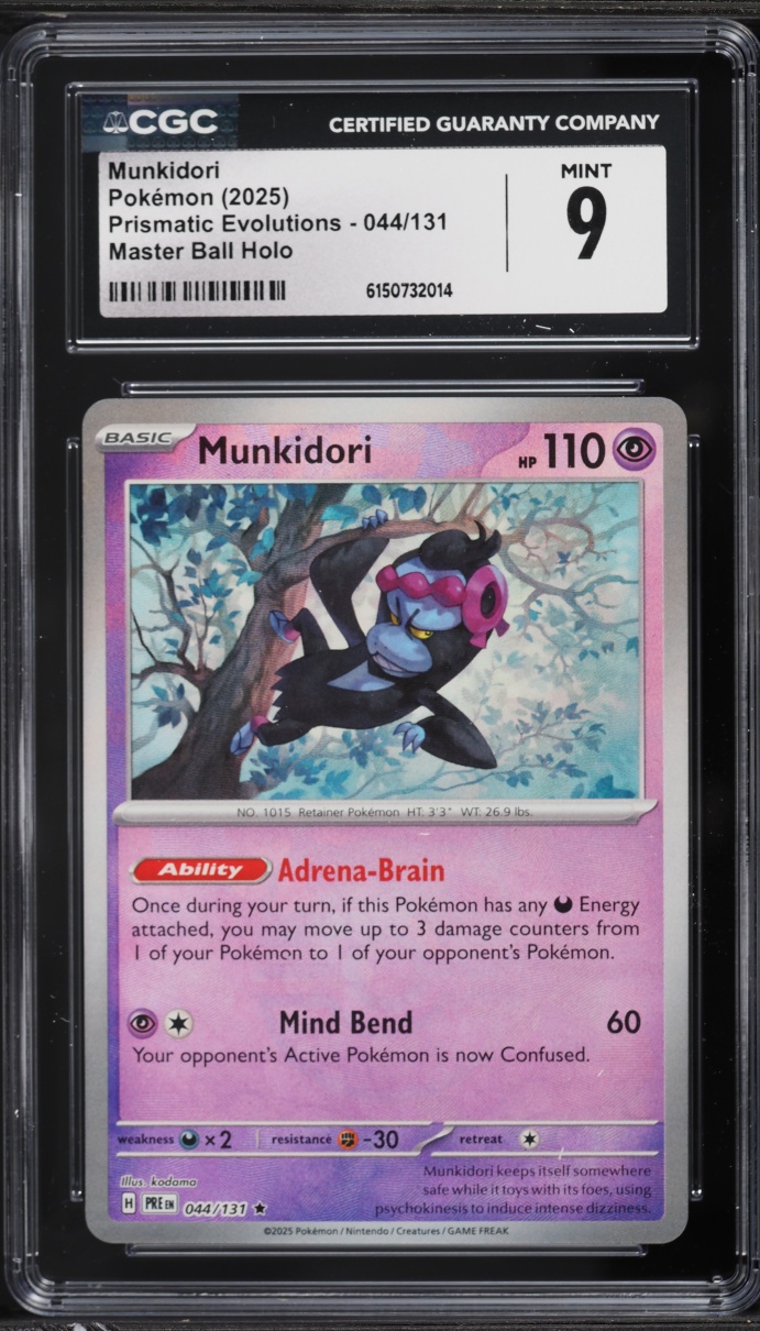 2025 Pokemon Scarlet & Violet Prismatic Evolutions Master Ball Holo Munkidori #44 CGC 9 MINT
