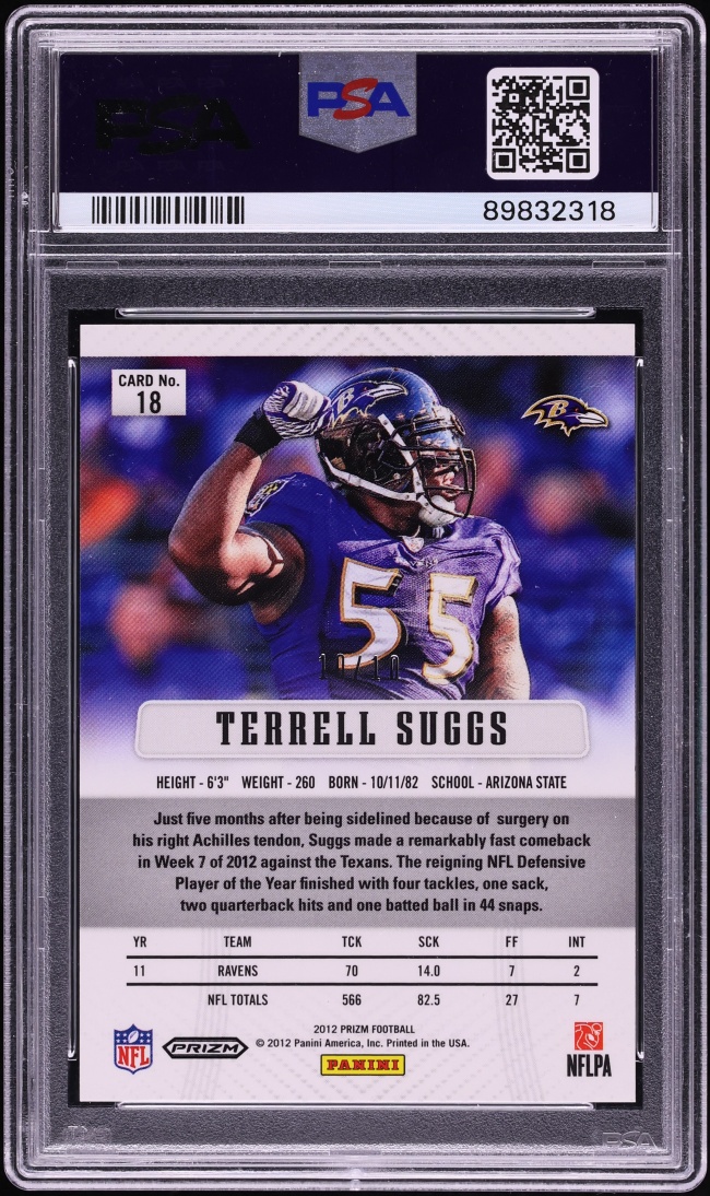 2012 Panini Prizm Gold Terrell Suggs 10/10 #18 PSA 9 MINT - Photo 2