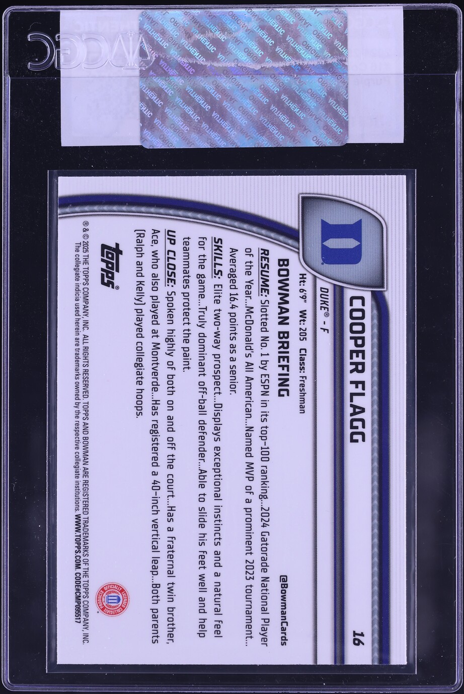 2024 Bowman Chrome University Purple Lava Refractor Cooper Flagg ROOKIE CGC AUTH