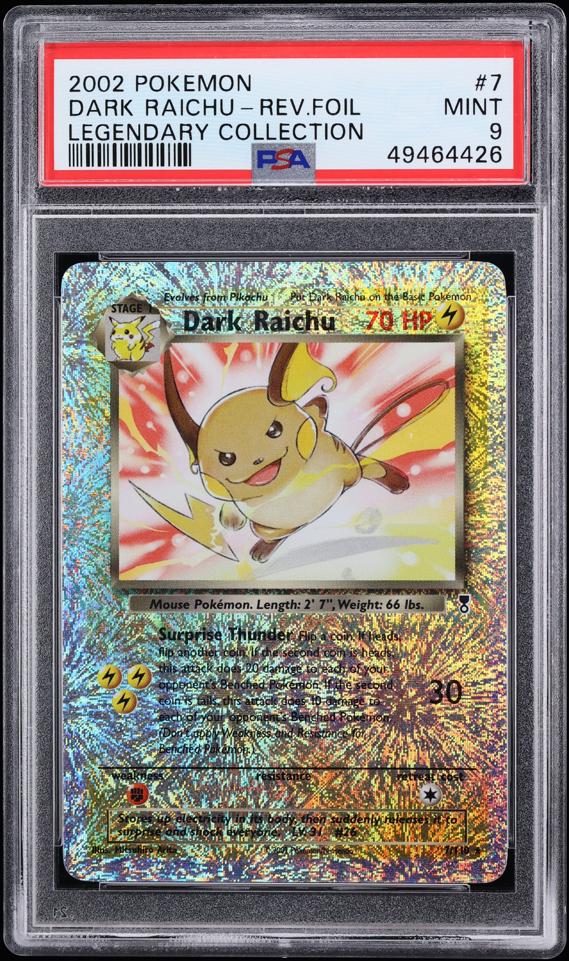 2002 Pokemon Legendary Collection Reverse Holo Dark Raichu #7 PSA 9 MINT
