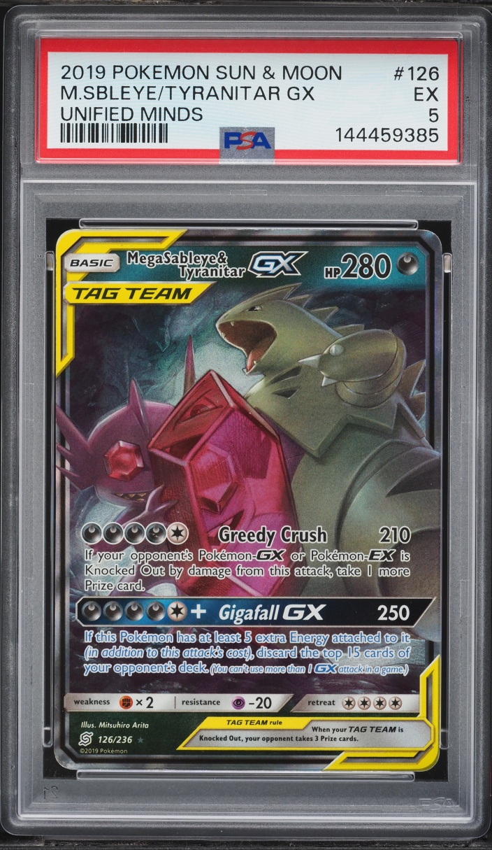 2019 Pokemon Sun & Moon Unified Minds Holo Mega Sableye & Tyranitar GX #126 PSA 5 EX