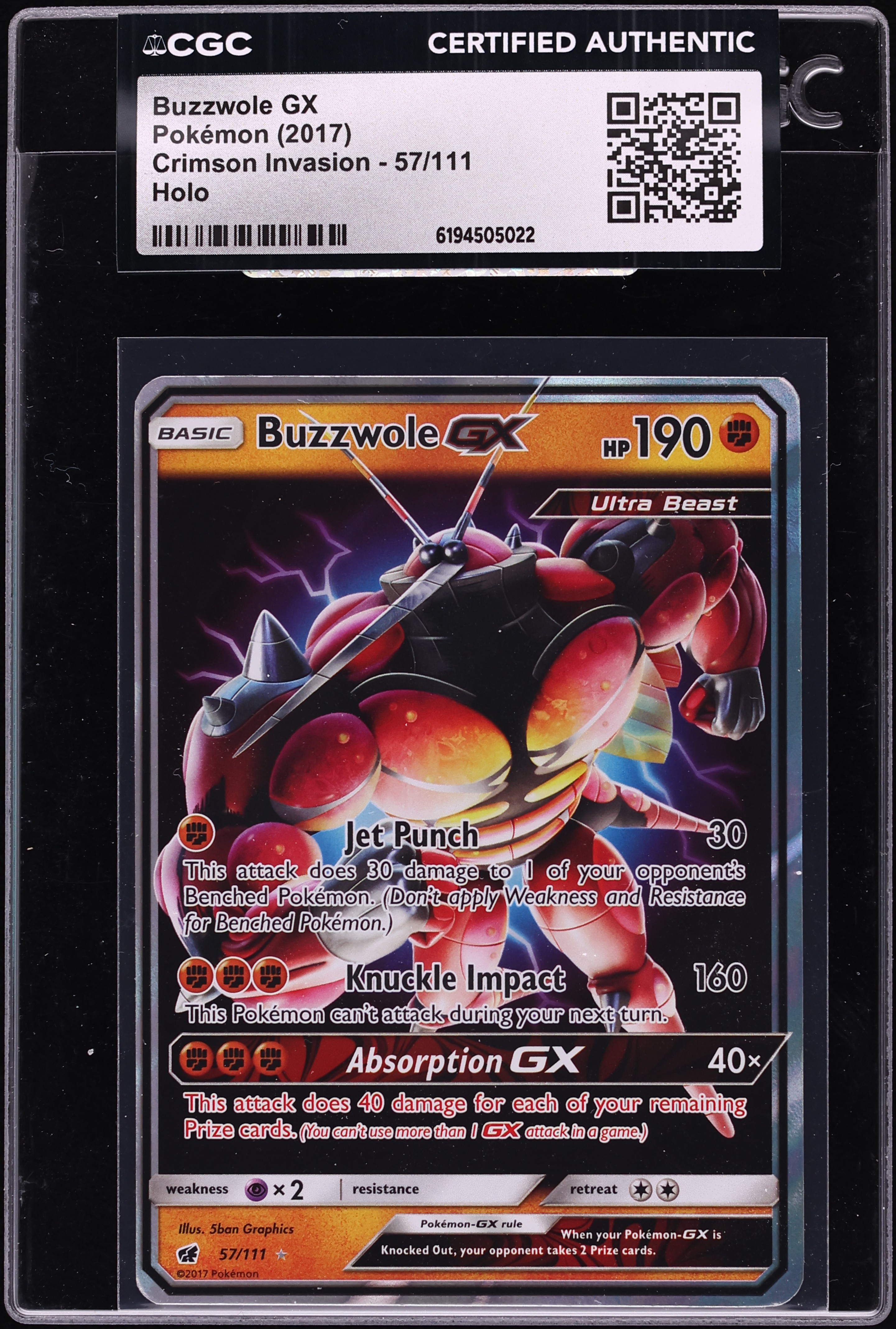 2017 Pokemon Sun & Moon Crimson Invasion Holo Buzzwole GX #57 CGC AUTH