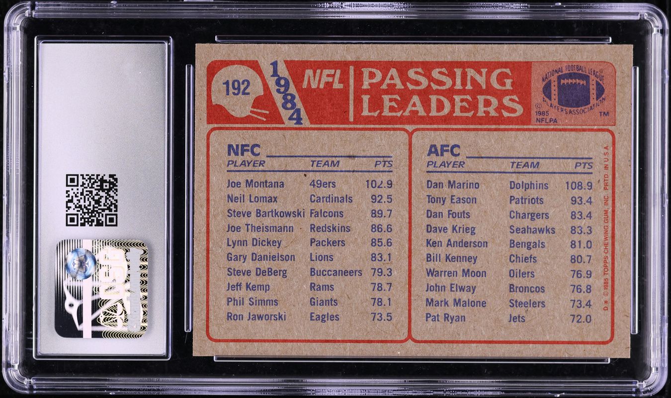 1985 Topps Football Dan Marino & Joe Montana '84 PASSING LDRS #192 CSG 7.5 NRMT+