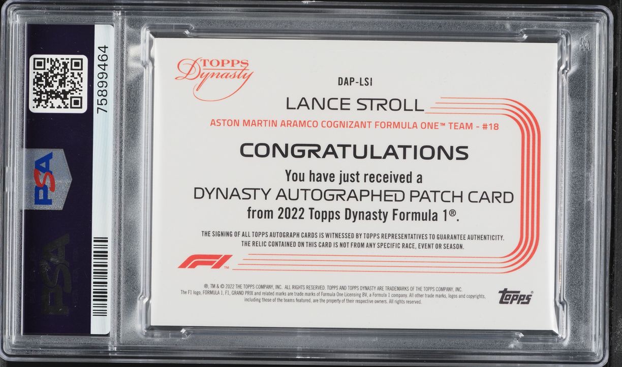 2022 Topps Dynasty Formula 1 F1 Red Lance Stroll PATCH AUTO /5 #DAPLSI PSA 9 MINT