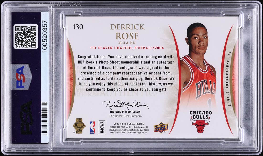 2008 SP Authentic Signed Derrick Rose ROOKIE PATCH AUTO /299 #130 PSA 8 NM-MT