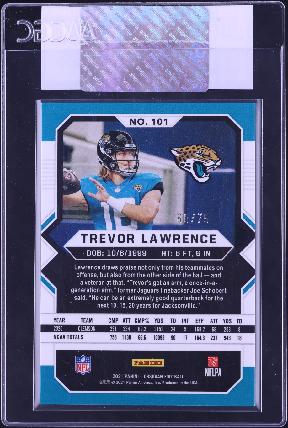 2021 Panini Obsidian Electric Etch Orange Trevor Lawrence ROOKIE /75 #101 CGC AUTH