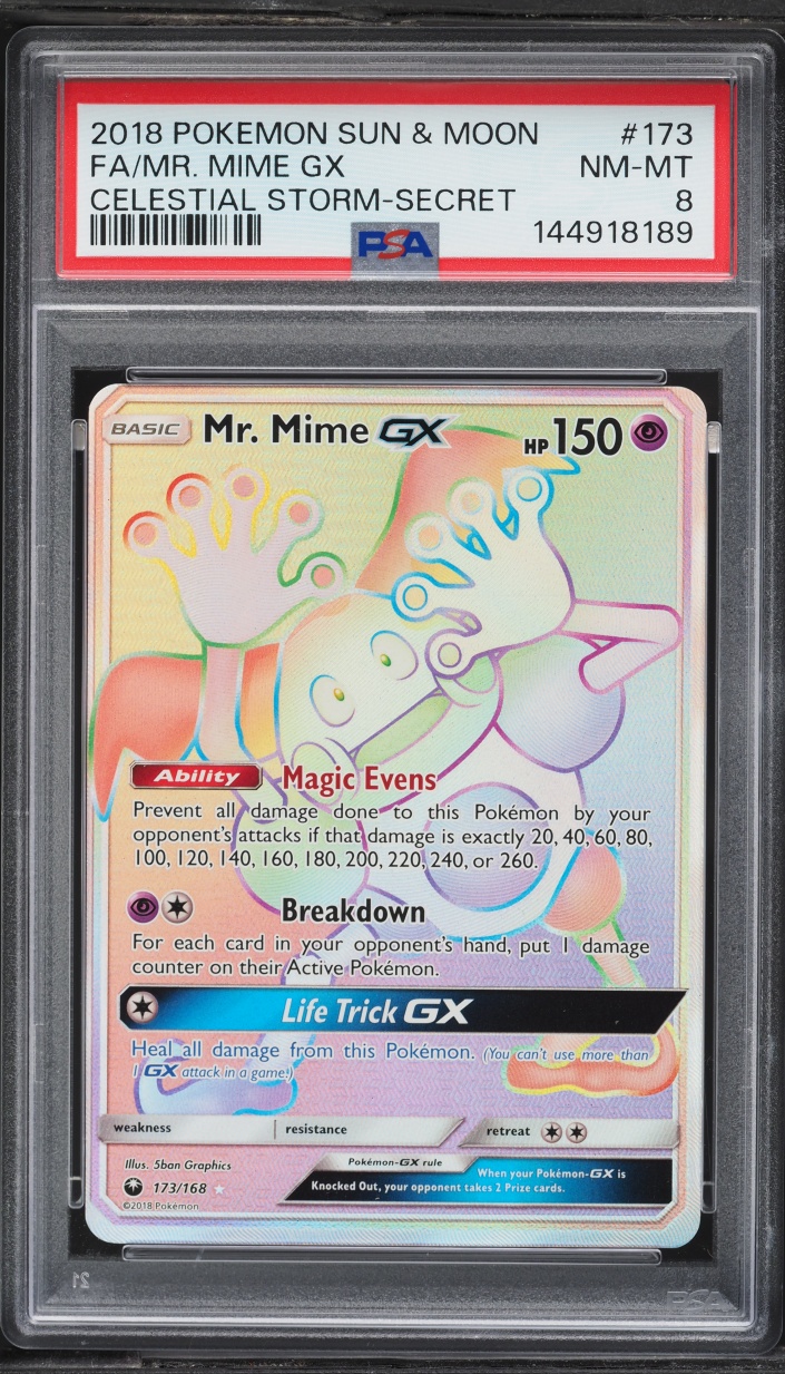 2018 Pokemon Sun & Moon Celestial Storm Rainbow Rare Mr. Mime GX #173 PSA 8 NM-MT