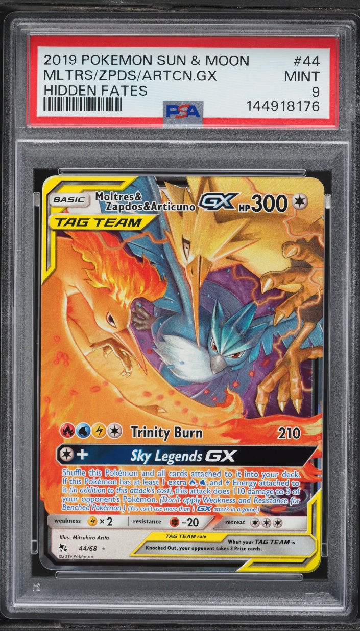 2019 Pokemon Sun & Moon Hidden Fates Moltres & Zapdos & Articuno GX #44 PSA 9 MINT