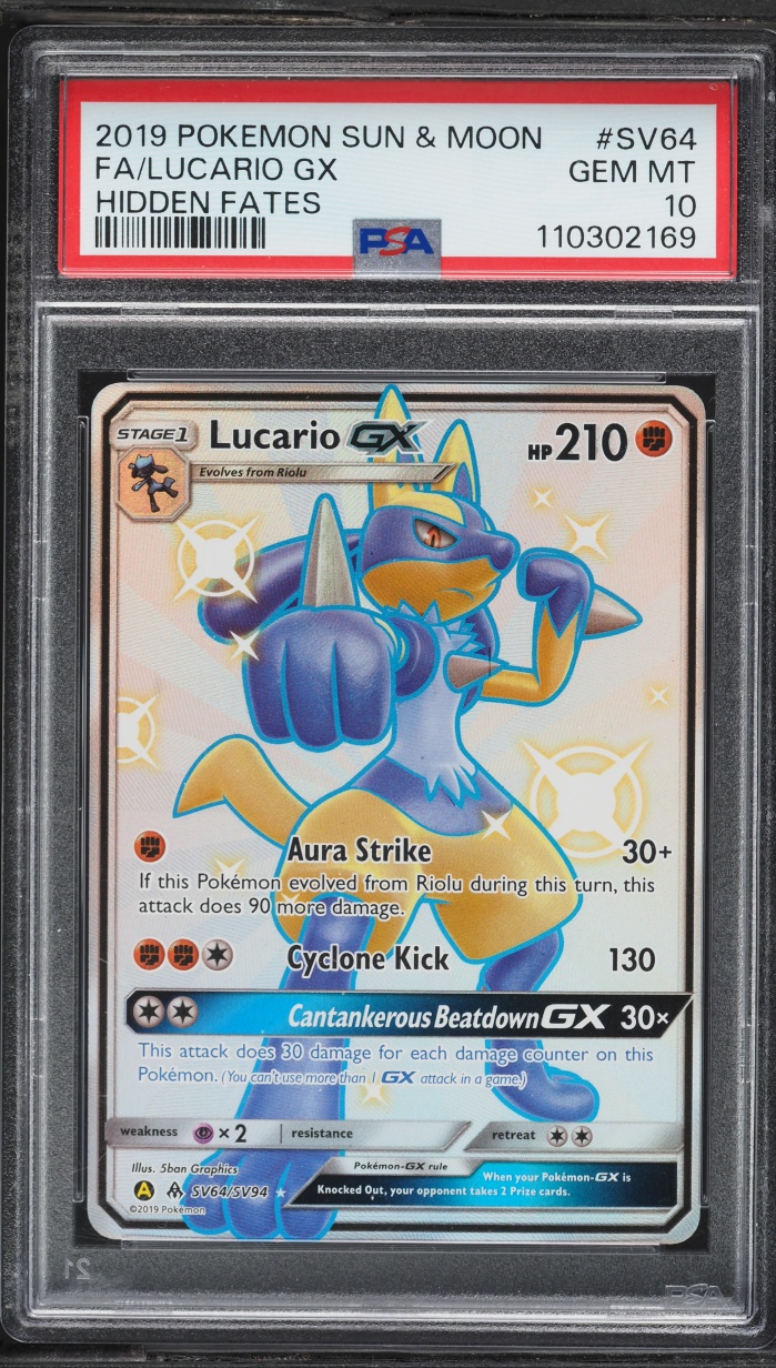 2019 Pokemon Sun & Moon Hidden Fates Full Art Lucario GX #SV64 PSA 10 GEM MINT
