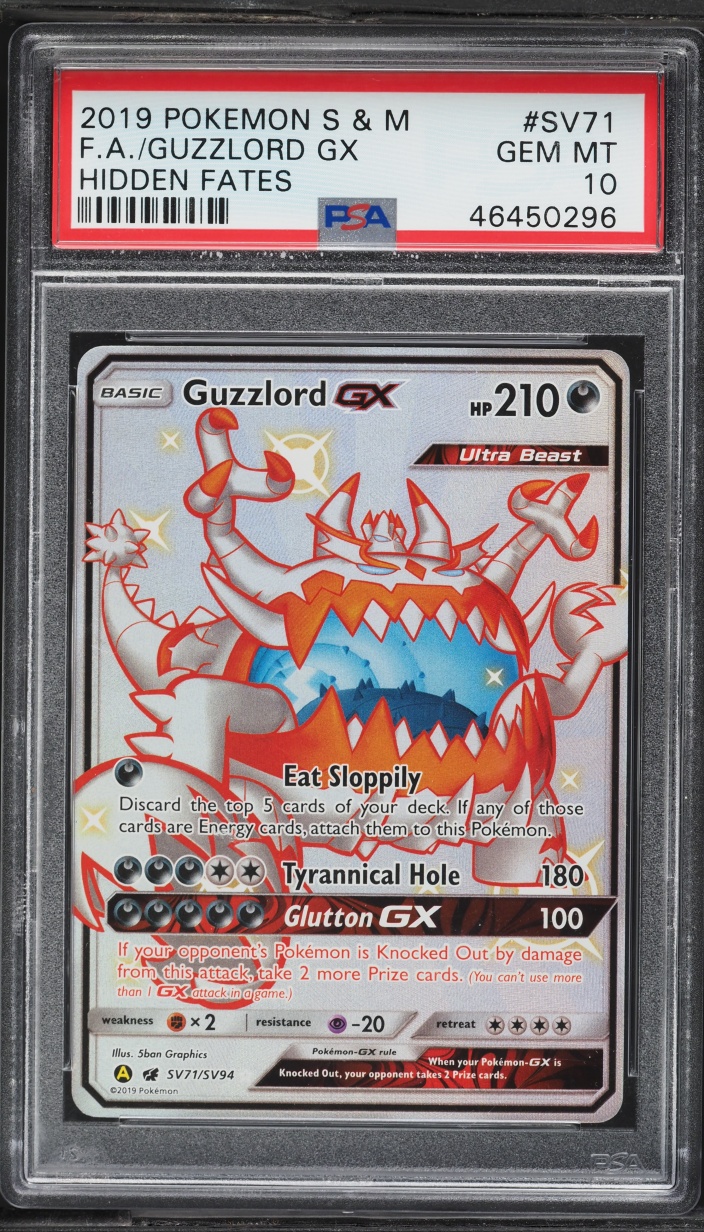 2019 Pokemon Sun & Moon Hidden Fates Shiny Vault Full Art Guzzlord GX #SV71 PSA 10 GEM MINT