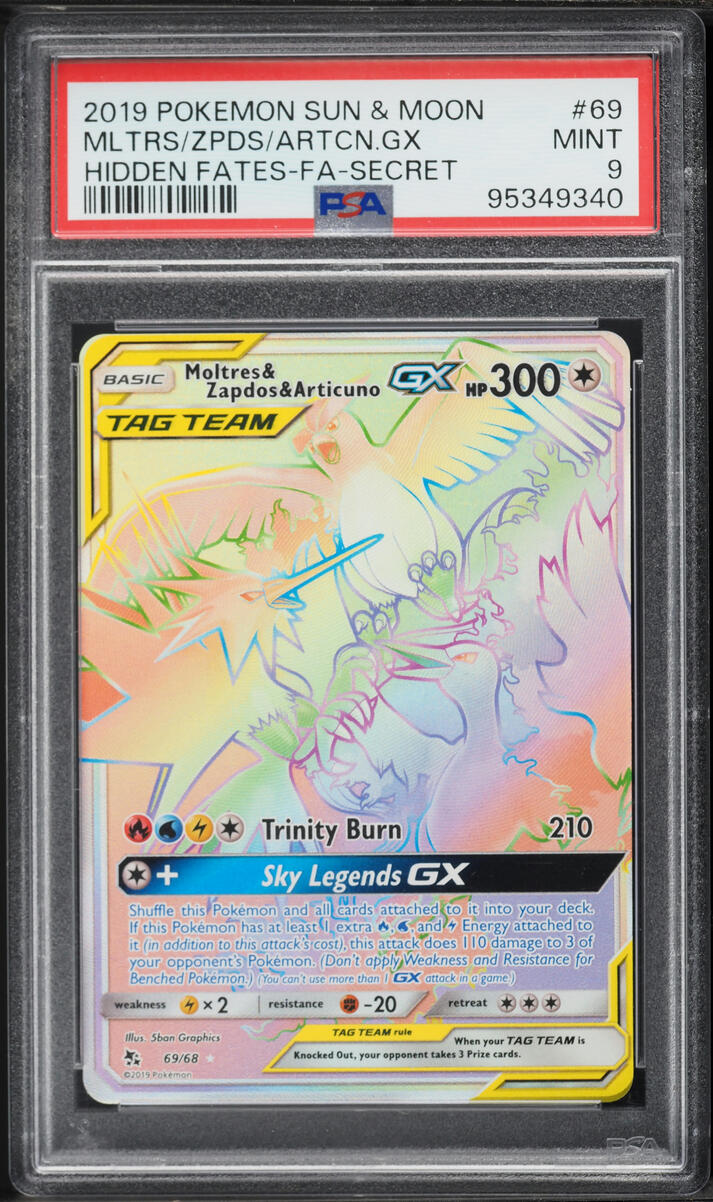 2019 Pokemon Sun & Moon Hidden Fates Rainbow Rare Moltres & Zapdos & Articuno GX #69 PSA 9 MINT