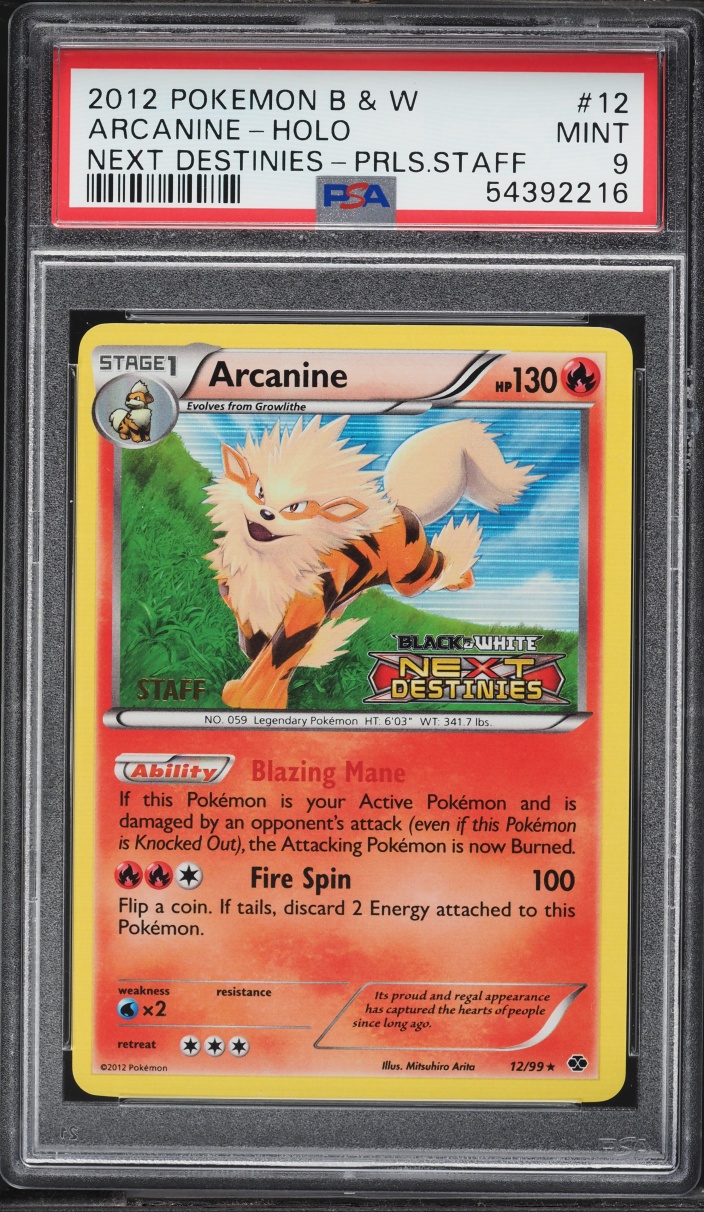 2012 Pokemon Black & White Next Destinies Prerelease Staff Holo Arcanine #12 PSA 9 MINT