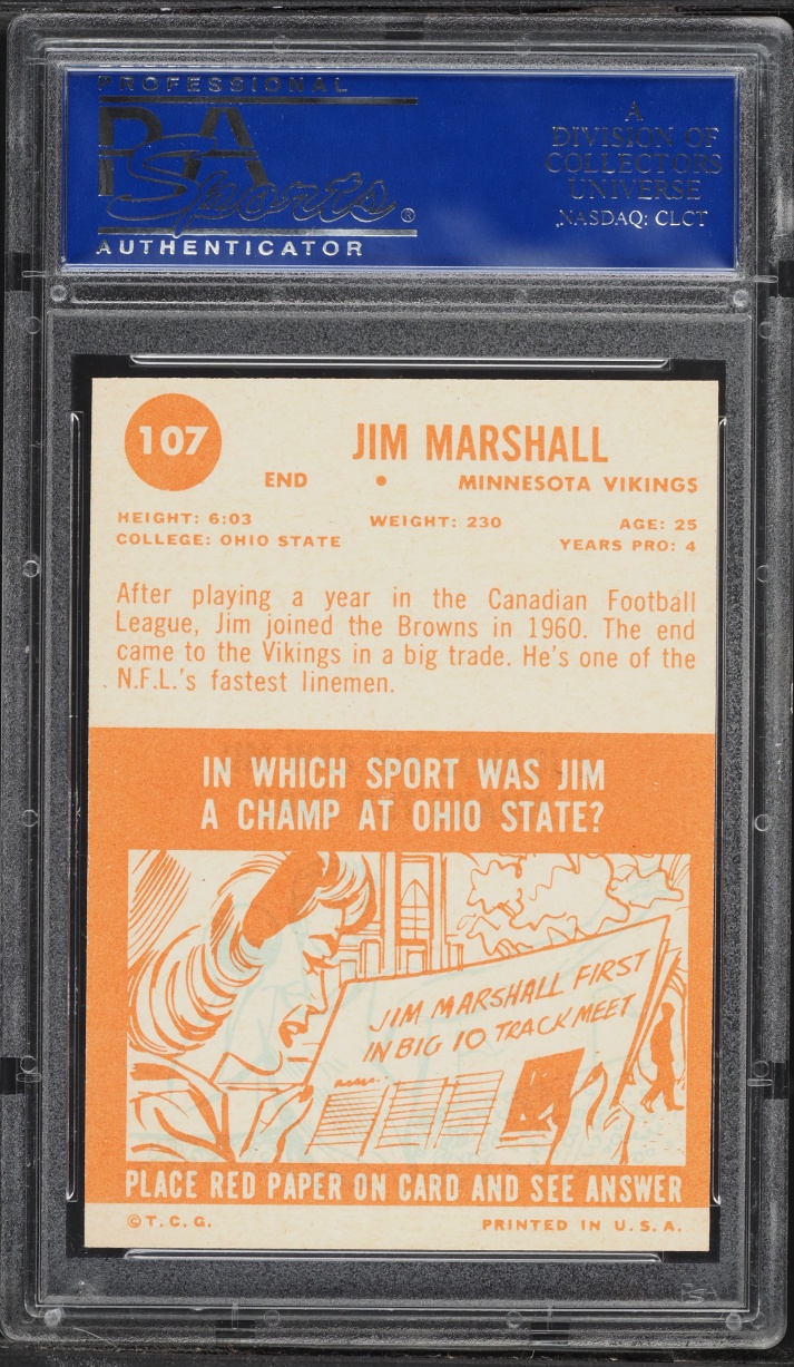 1963 Topps Football Jim Marshall ROOKIE #107 PSA 7 NRMT