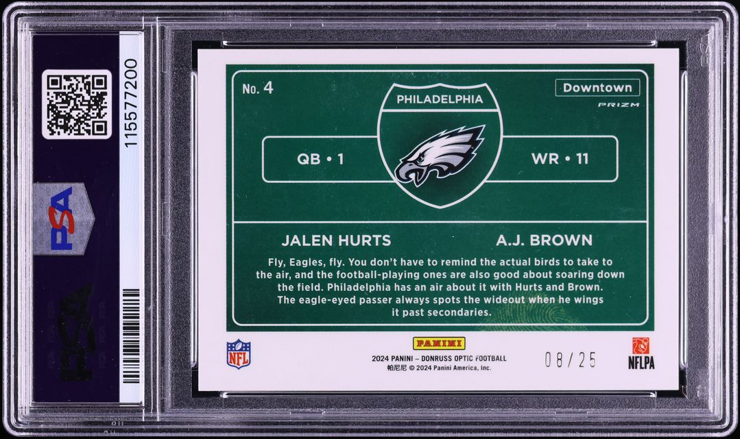 2024 Donruss Optic Downtown Duos Black Pandora Jalen Hurts & A.J. Brown /25 #4 PSA 9 MINT
