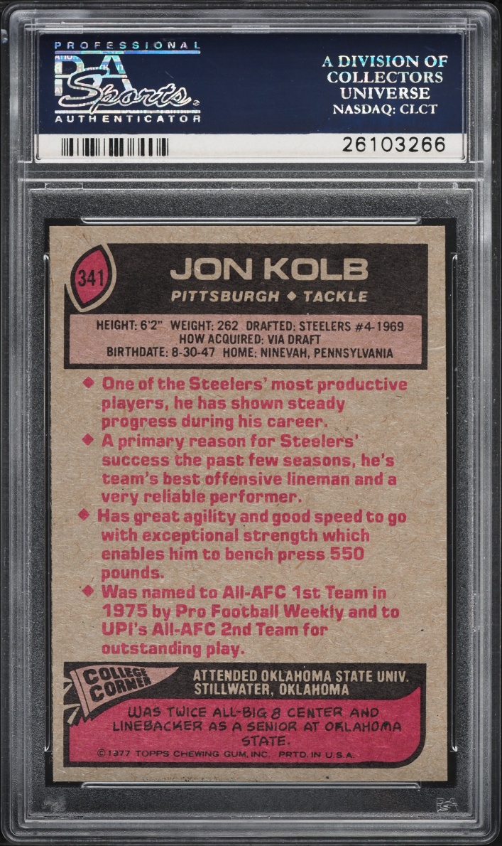 1977 Topps Football Jon Kolb ROOKIE #341 PSA 9 MINT