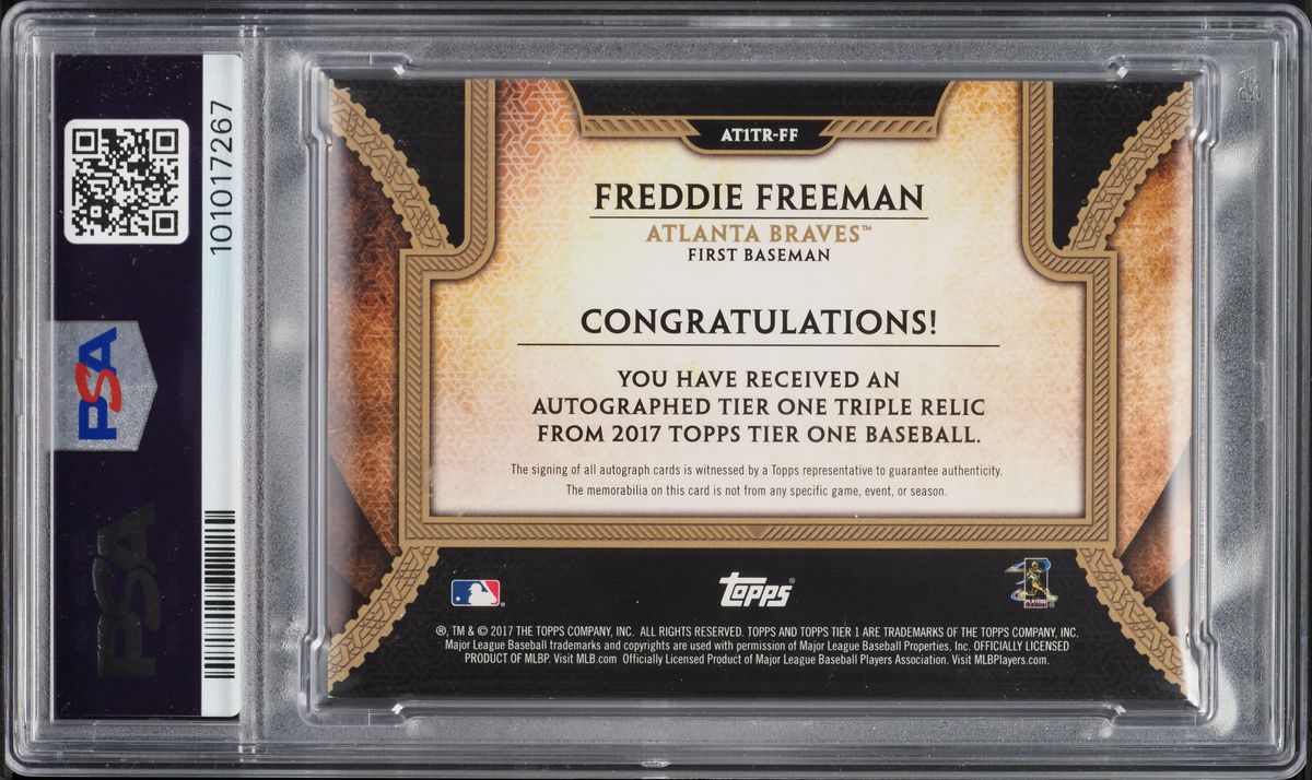 2017 Topps Tier One Triple Freddie Freeman PATCH AUTO DNA 9 1/1 #AT1TR-FF PSA 9 MINT