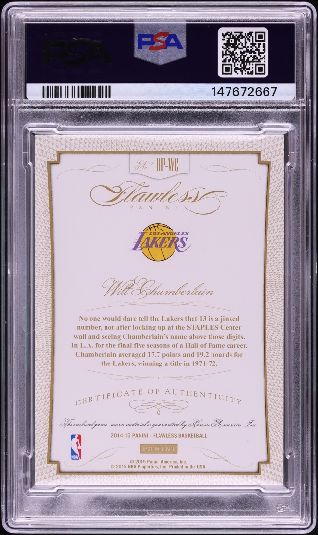 2014 Panini Flawless Dual Wilt Chamberlain PATCH /15 #DP-WC PSA 8 NM-MT - Photo 2