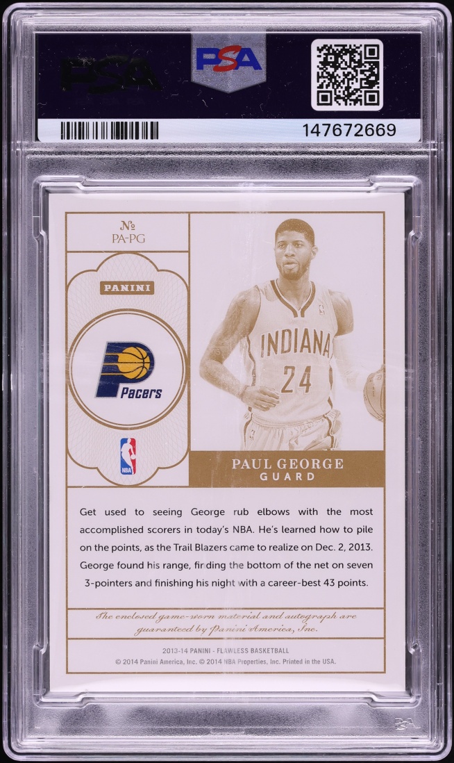 2013 Panini Flawless Gold Paul George PATCH AUTO /10 #PA-PG PSA 9 MINT - Photo 2