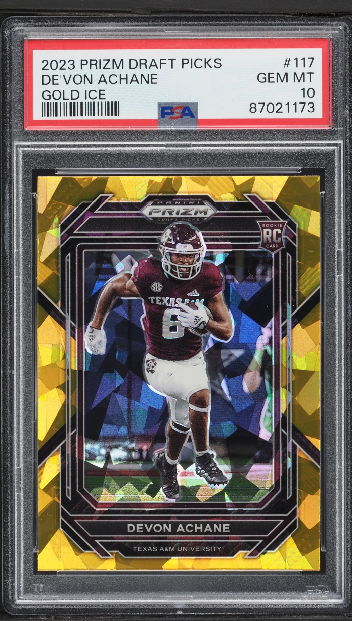 2023 Panini Prizm Draft Picks Gold Ice De'von Achane ROOKIE #117 PSA 10 GEM MINT