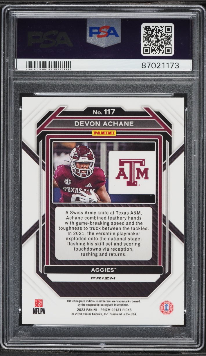 2023 Panini Prizm Draft Picks Gold Ice De'von Achane ROOKIE #117 PSA 10 GEM MINT