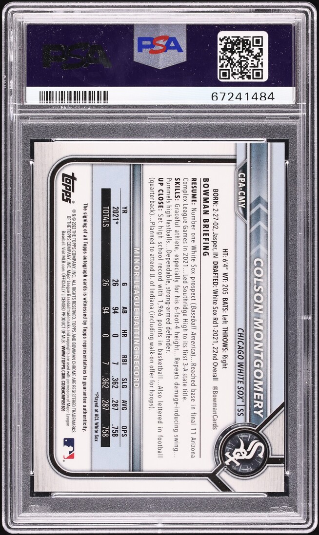 2022 Bowman Chrome Red Lava Ref. Colson Montgomery PROSPECT AUTO /5 PSA 9 MINT