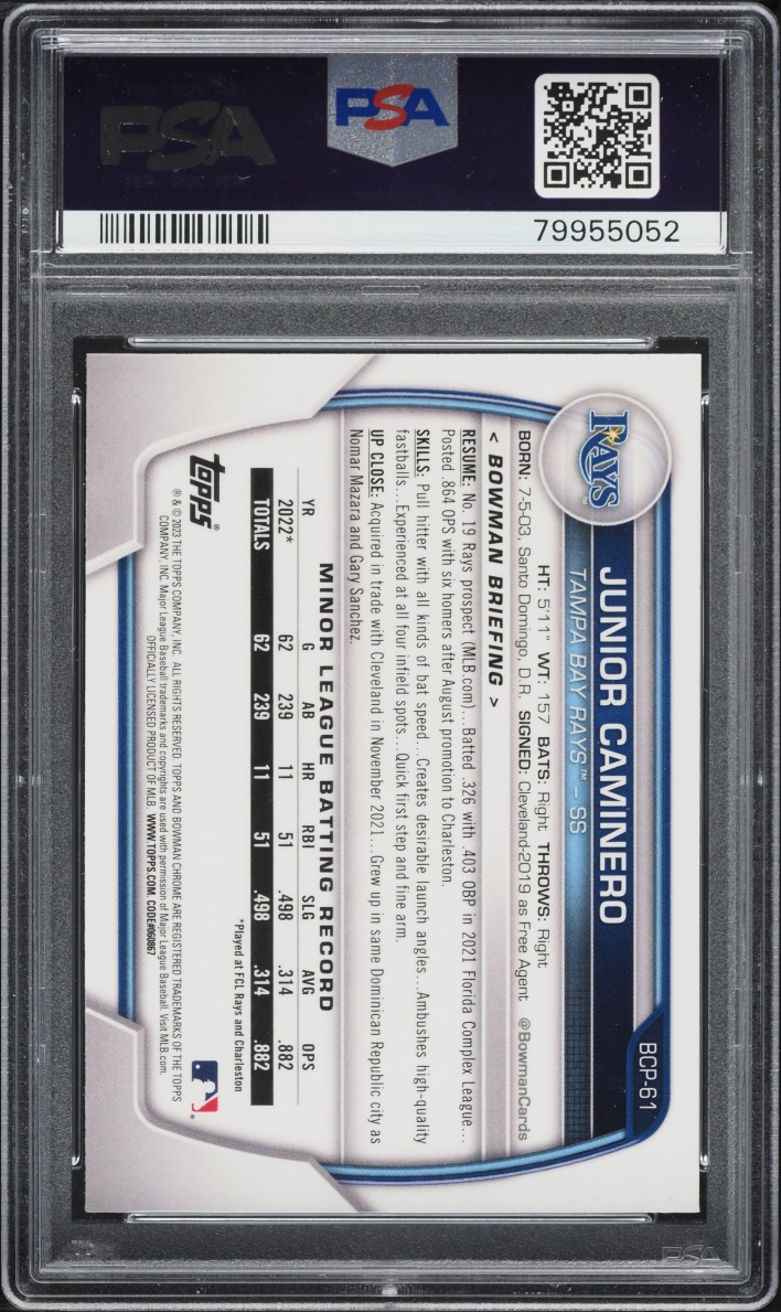 2023 Bowman Chrome Mega Box Junior Caminero PROSPECT #BCP-61 PSA 10 GEM MINT