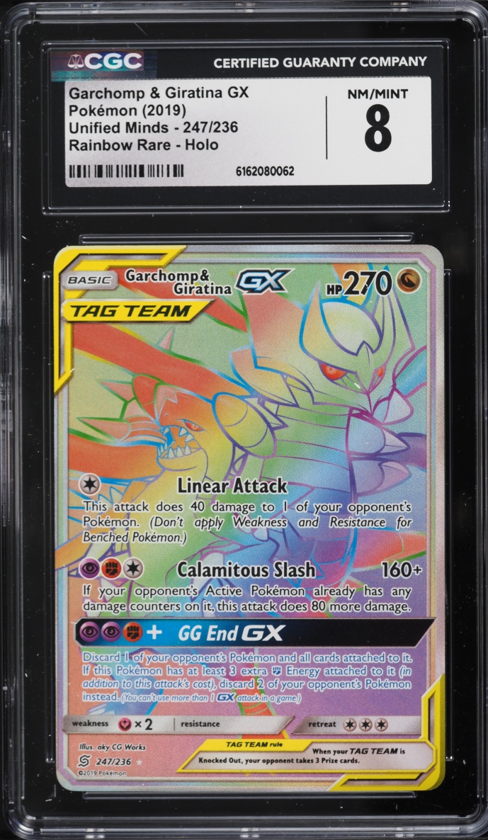 2019 Pokemon Sun & Moon Unified Minds Rainbow Rare Garchomp & Giratina GX #247 CGC 8 NM-MT