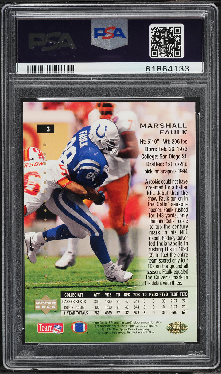 1994 SP Foil Marshall Faulk ROOKIE #3 PSA 10 GEM MINT