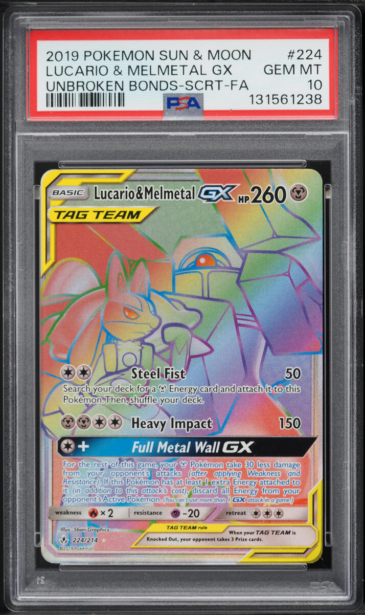 2019 Pokemon SM Unbroken Bonds Rainbow Rare Lucario & Melmetal GX #224 PSA 10 GEM MINT