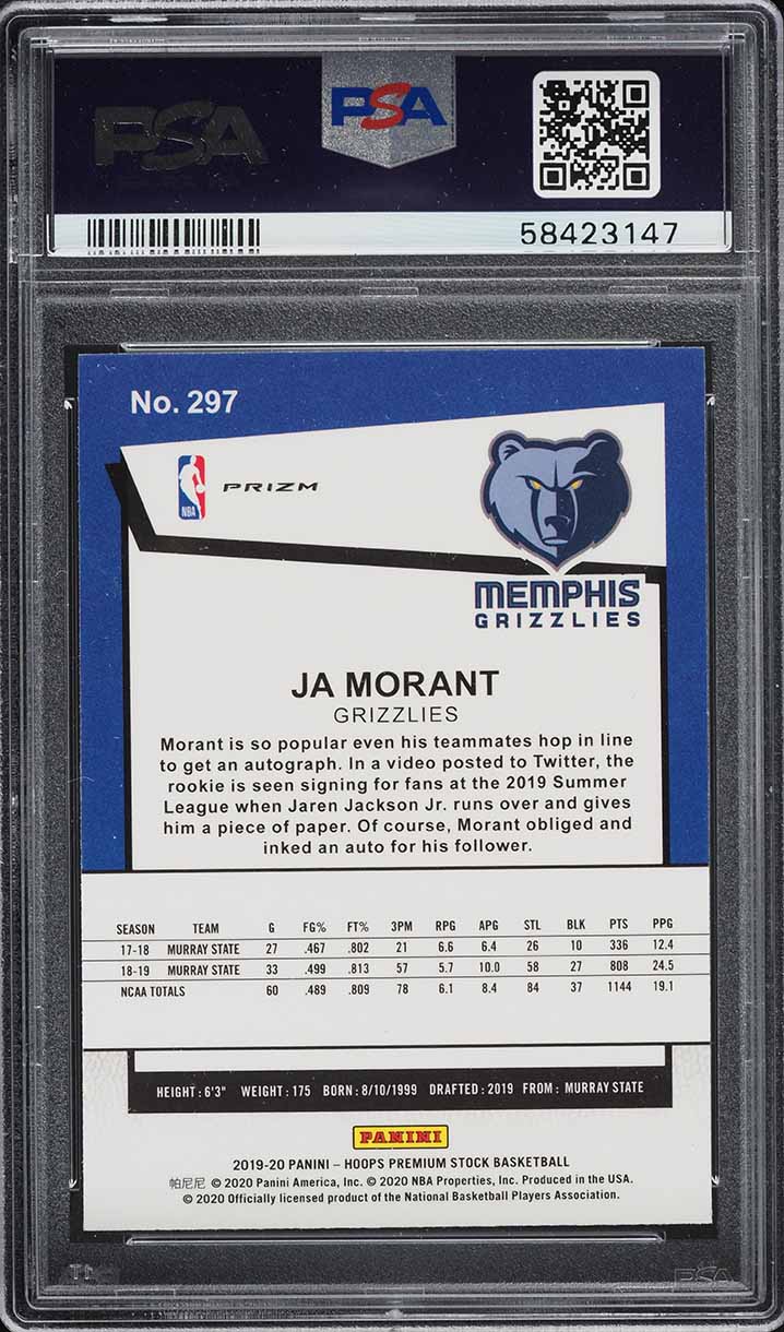2019 Hoops Premium Stock Silver Prizm Ja Morant ROOKIE #297 PSA 10 GEM MINT