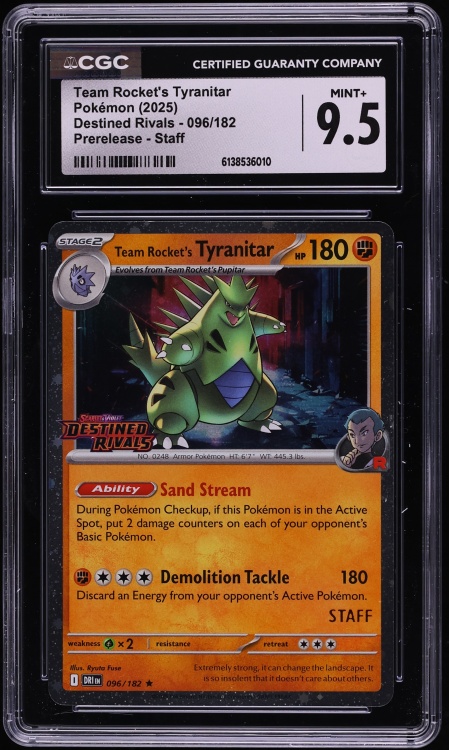 2025 Pokemon SV Destined Rivals Prerelease Staff Holo Team Rocket's Tyranitar #96 CGC 9.5 MINT+