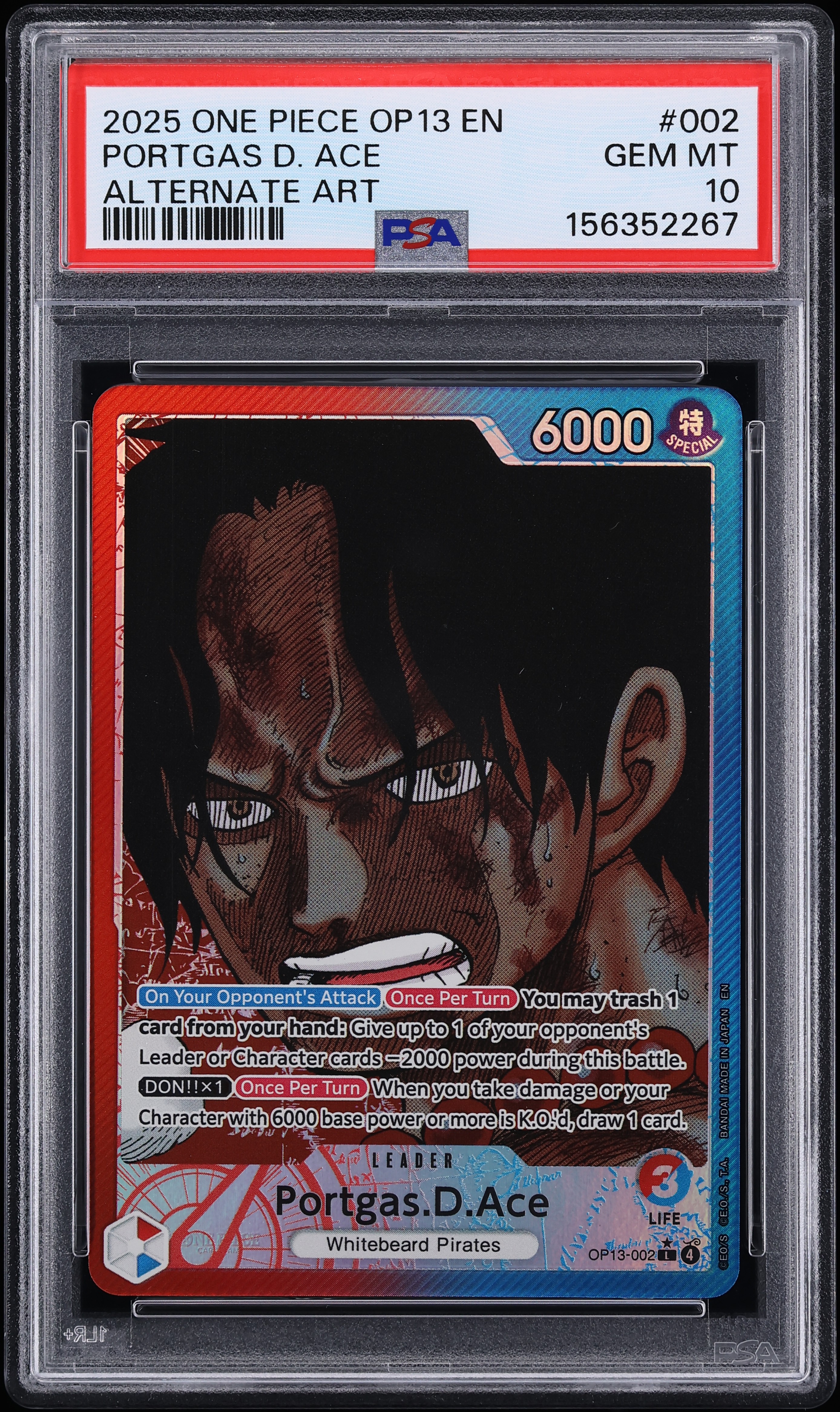 2025 One Piece Carrying On His Will Leader Portgas D. Ace #OP13-002 PSA 10 GEM MINT