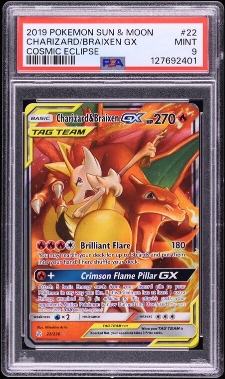 2019 Pokemon Sun & Moon Cosmic Eclipse Charizard & Braixen GX #22 PSA 9 MINT