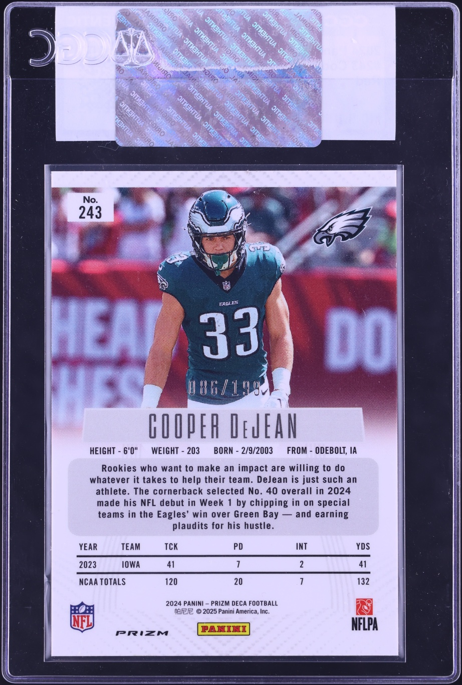2024 Panini Prizm Deca Red Cooper DeJean ROOKIE /199 #243 CGC AUTH