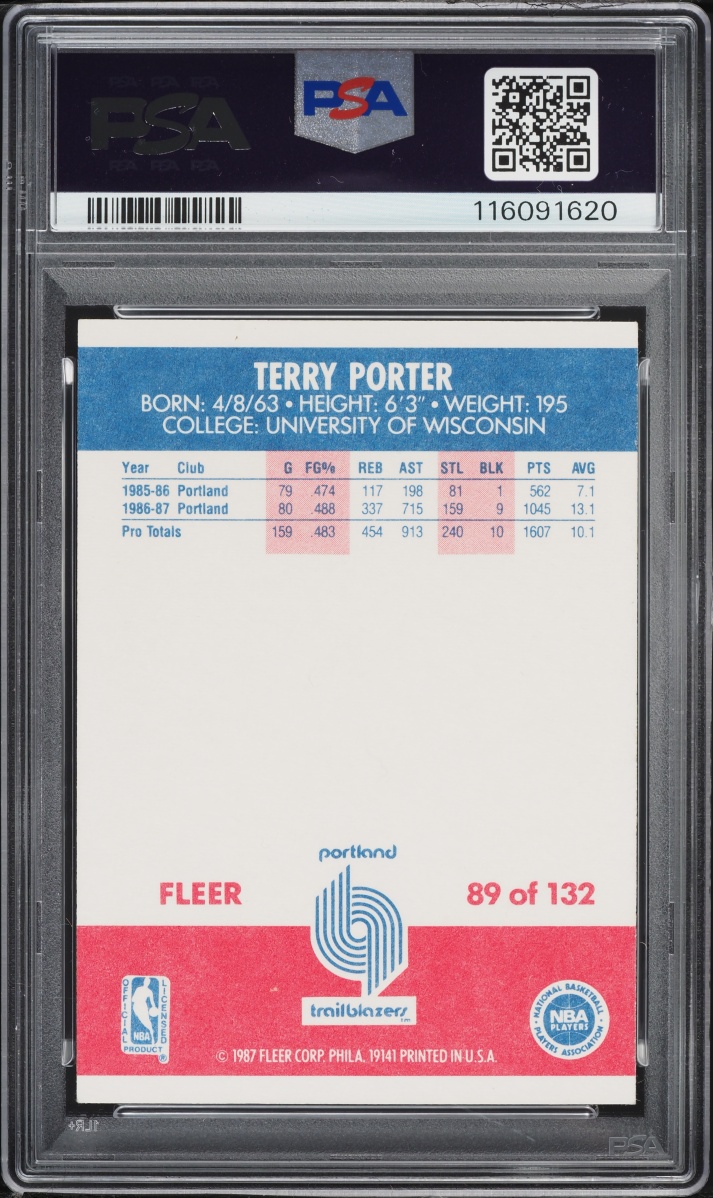 1987 Fleer Basketball Terry Porter ROOKIE AUTO DNA 8 #89 PSA 7 NRMT