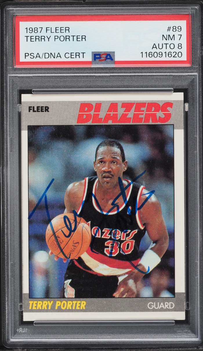 1987 Fleer Basketball Terry Porter ROOKIE AUTO DNA 8 #89 PSA 7 NRMT