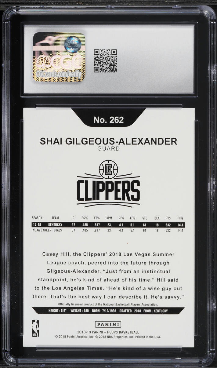 2018 Hoops Shai Gilgeous-Alexander ROOKIE #262 CGC 8.5 NM-MT+